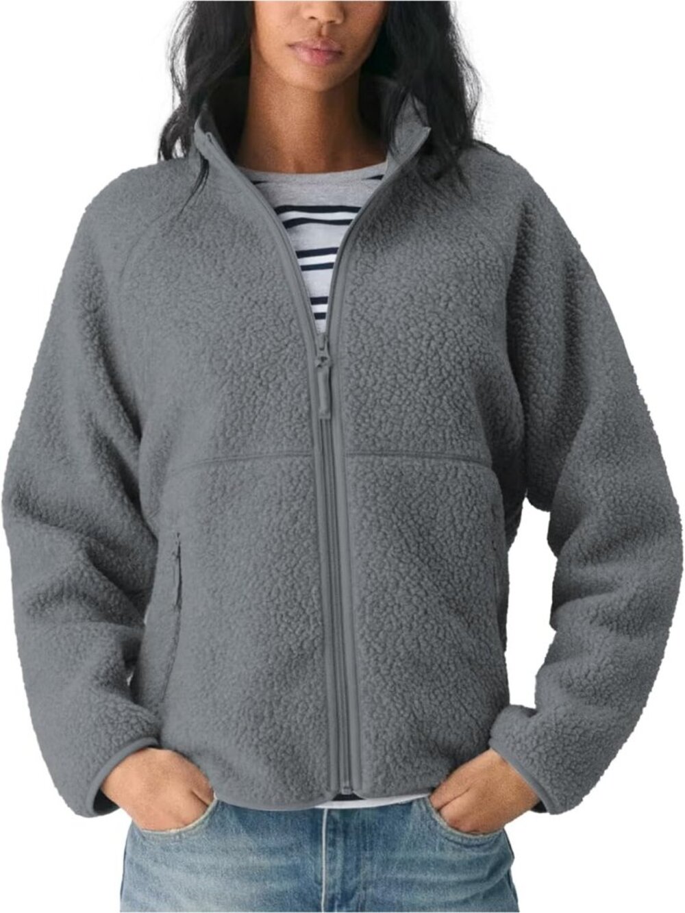 Women's Dark Grey Fuzzy Fleece Jacket Full Zip Fall Winter Sherpa Warm Coats